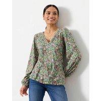 FatFace Pure Cotton Disty Floral V-Neck Blouse Green Mix