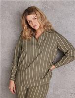 Live Unlimited London Modal Rich Striped Collared V-Neck Shirt Khaki