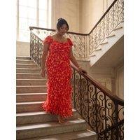 Live Unlimited London Chiffon Floral Ruffle Sleeve Maxi Dress Red Mix