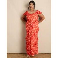 Live Unlimited London Chiffon Floral Ruffle Sleeve Maxi Dress Red Mix