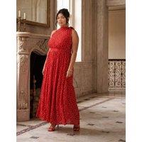 Live Unlimited London Polka Dot Halter Neck Maxi Waisted Dress Red