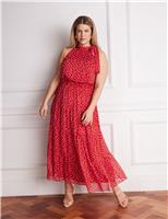 Live Unlimited London Polka Dot Halter Neck Maxi Waisted Dress Red