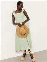 FatFace Pure Linen Square Neck Midi Waisted Dress Green