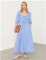 Pure Cotton Striped Midi Waisted Dress
