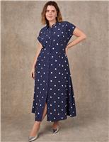 Live Unlimited London Polka Dot Button Through Midaxi Shirt Dress Navy