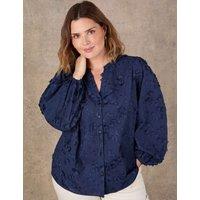 Live Unlimited London Pure Cotton Floral Appliqu Puff Sleeve Blouse Navy