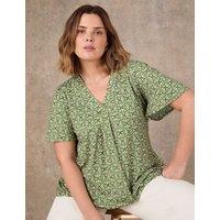 Live Unlimited London Ditsy Floral V-Neck Pleat Detail Top Green Mix