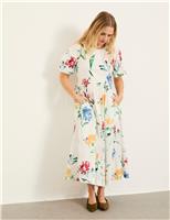 FatFace Pure Cotton Printed Round Neck Midi Tea Dress White Mix