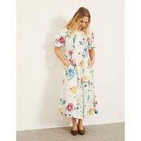FatFace Pure Cotton Printed Round Neck Midi Tea Dress White Mix