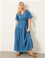 Cotton Blend Checked V-Neck Midi Tiered Dress