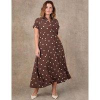 Live Unlimited London Polka Dot Button Through Midaxi Shirt Dress Brown