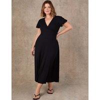 Live Unlimited London Jersey V-Neck Puff Sleeve Midaxi Wrap Dress Black