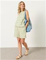 FatFace Linen Rich Checked Tie Detail Blouse Green Mix