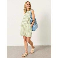 FatFace Linen Rich Checked Tie Detail Blouse Green Mix