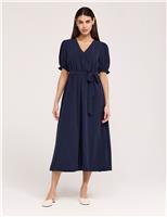 V-Neck Tie Waist Midi Faux Wrap Dress