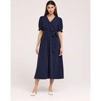 Finery London V-Neck Tie Waist Midi Faux Wrap Dress Navy