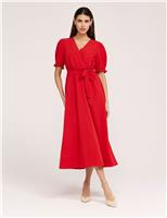 V-Neck Tie Waist Midi Faux Wrap Dress