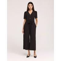 Finery London Crepe Tie Waist Short Sleeve Wide Leg Jumpsuit Black
