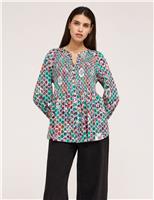 Jersey Floral V-Neck Shirred Blouse