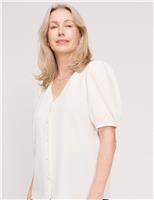 Finery London V-Neck Short Sleeve Button-Through Top Navy