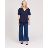 Finery London V-Neck Short Sleeve Button-Through Top Navy