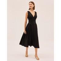 Kitri V-Neck Midi Waisted Dress with Linen Black