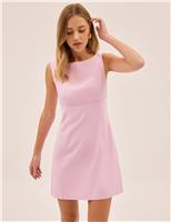 Linen Blend Round Neck Mini Shift Dress