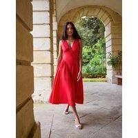 Kitri V-Neck Midi Waisted Dress with Linen Red