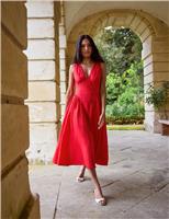 V-Neck Midi Waisted Dress with Linen