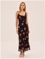 Kitri Poppy Print Scoop Neck Midi Tea Dress Black