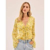 Kitri Petal Print V-Neck Flute Sleeve Top Yellow