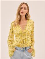 Petal Print V-Neck Flute Sleeve Top
