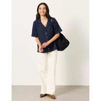 FatFace Linen Rich Scallop Trim Button Through Shirt Navy