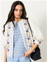 FatFace Pure Cotton Embroidered 3/4 Sleeve Jacket White Mix