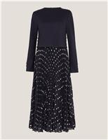Monsoon Polka Dot Crew Neck Midaxi Skater Dress Navy Mix