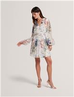 Floral Tie Waist Pleated Mini Smock Dress