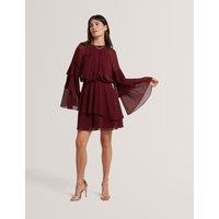 Ted Baker High Neck Gathered Mini Tiered Dress Burgundy