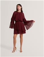 High Neck Gathered Mini Tiered Dress