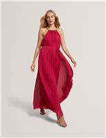 Pleated Halter Neck Maxi Waisted Dress