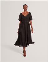 Puff Sleeve Ruched Midi Waisted Dress