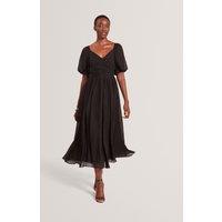 Ted Baker Puff Sleeve Ruched Midi Waisted Dress Black