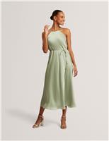 Ted Baker Halter Neck Tie Waist Midi Slip Dress Green