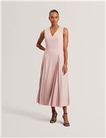 Ted Baker V-Neck Pleat Detail Midi Skater Dress Pink