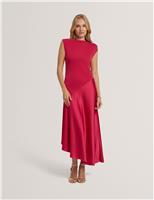 Ted Baker High Neck Satin Asymmetric Skirt Midi Dress Pink