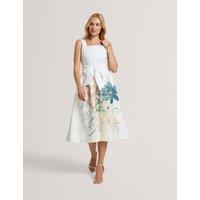 Ted Baker Linen Rich Floral Tie Waist Midi Dress Ivory Mix