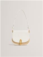 Ted Baker Faux Leather Raffia Twist Lock Shoulder Bag Ivory