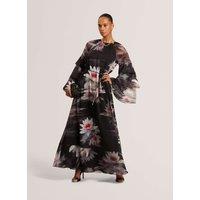 Ted Baker Floral Ruffle Sleeve Gathered Maxi Dress Black