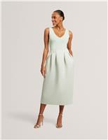 Ted Baker V-Neck Pleated Skirt Midi Dress Green