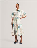 Linen Rich Print Puff Sleeve Midi Shirt Dress