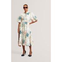 Ted Baker Linen Rich Print Puff Sleeve Midi Shirt Dress Ivory Mix
